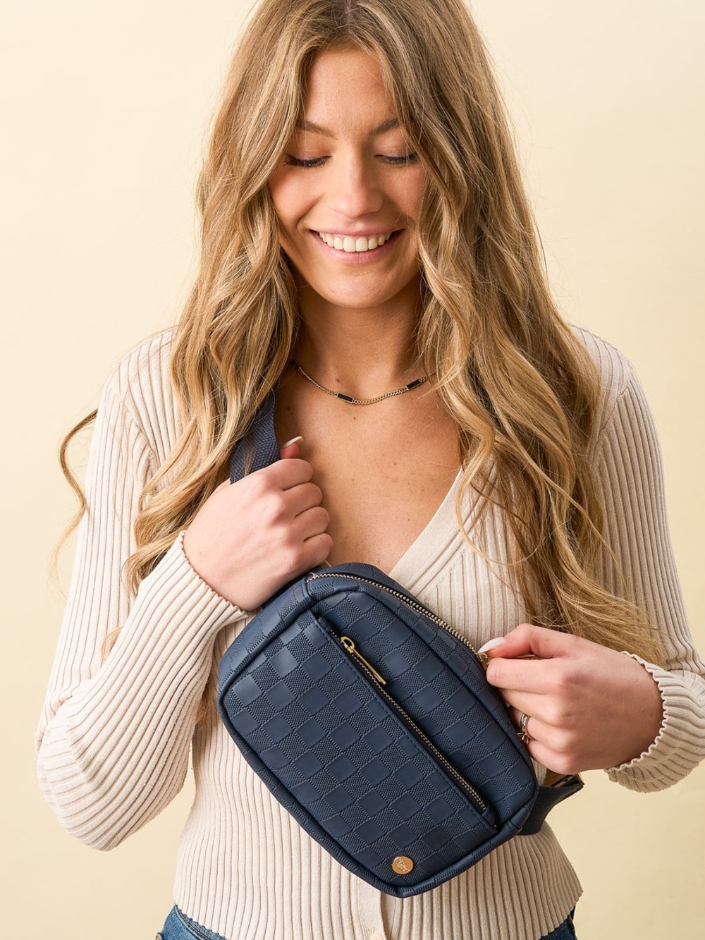 The Darling Effect Urban Check Crossbody Belt Bag Navy Blue